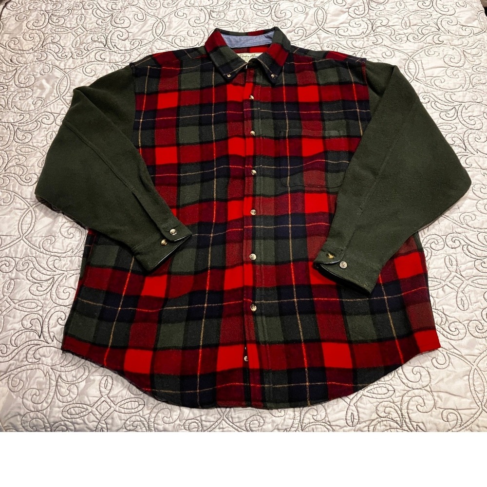 Vintage Eddie Bauer Mens Wool Blend Plaid Colorblock Shirt Red Green Large L
